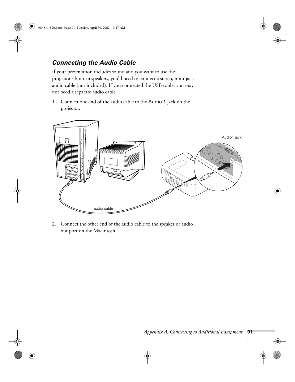 Connecting the audio cable | Epson 811p User Manual | Page 97 / 119