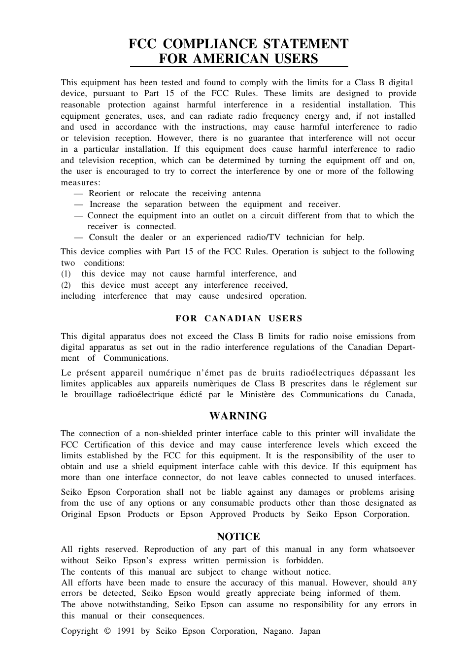 Fcc compliance statement for american users | Epson C82310 User Manual | Page 2 / 21