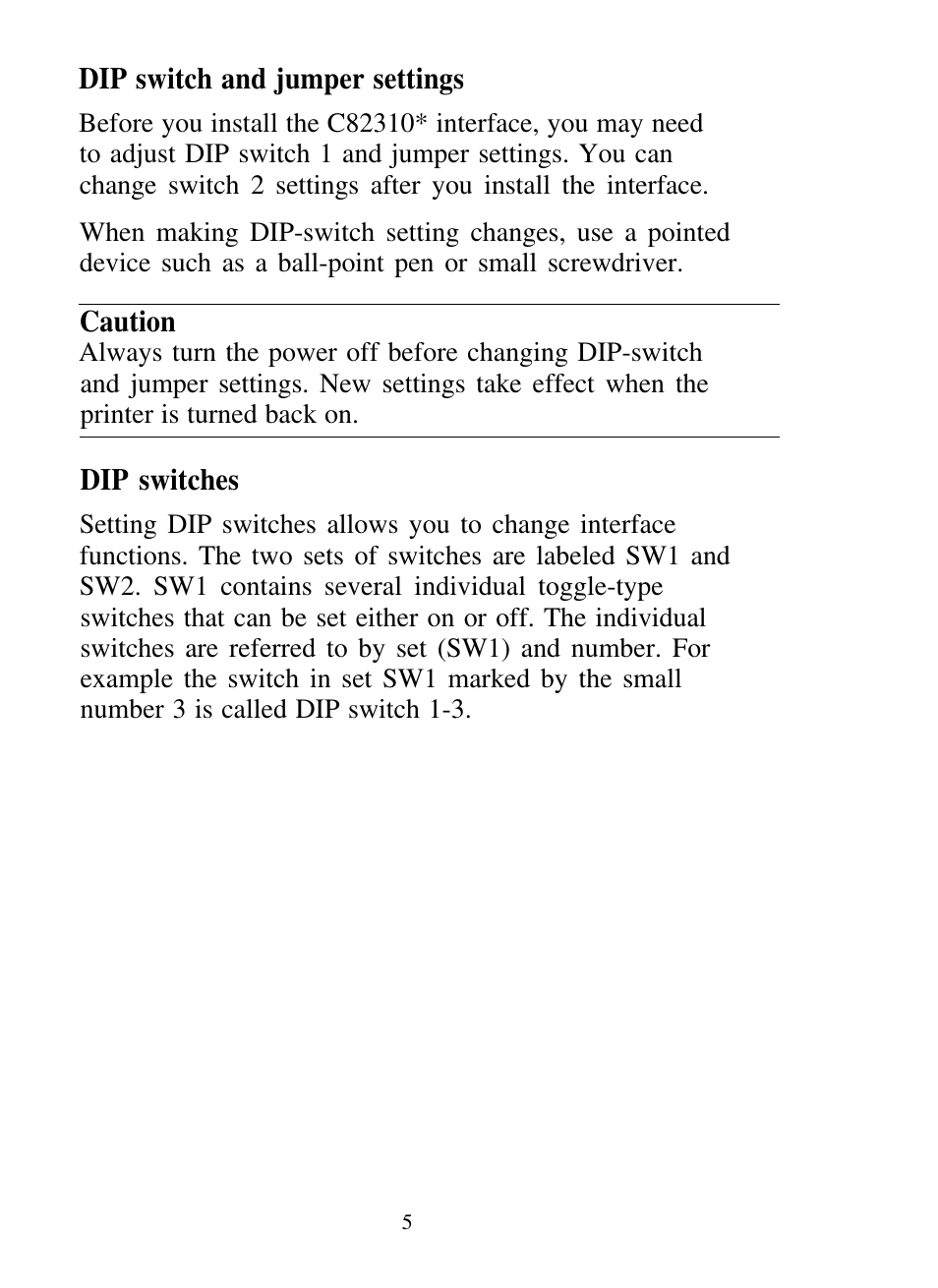 Dip switch and jumper settings, Dip switches | Epson C82310 User Manual | Page 8 / 21