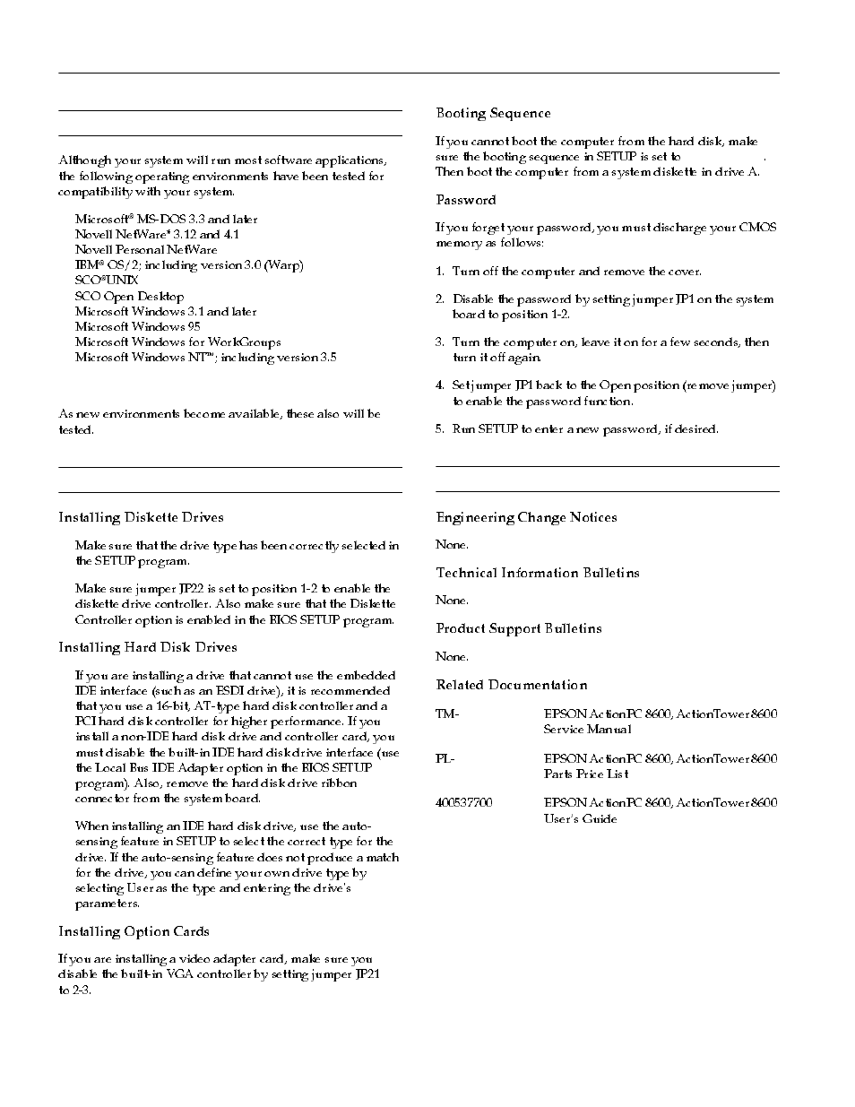 Tested operating environments, Installation/support tips, Information reference list | Epson actionpc and actiontower 8600 | Epson 8600 User Manual | Page 10 / 10