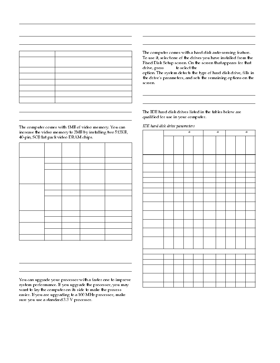 System memory map, Video memory, Processor upgrades | Hard disk drive types, Hard disk drive information, Epson actionpc and actiontower 8600 | Epson 8600 User Manual | Page 6 / 10