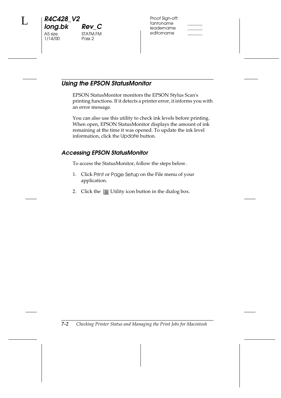 Using the epson statusmonitor, Accessing epson statusmonitor, Using the epson statusmonitor -2 | Accessing epson statusmonitor -2 | Epson 2000 User Manual | Page 100 / 231