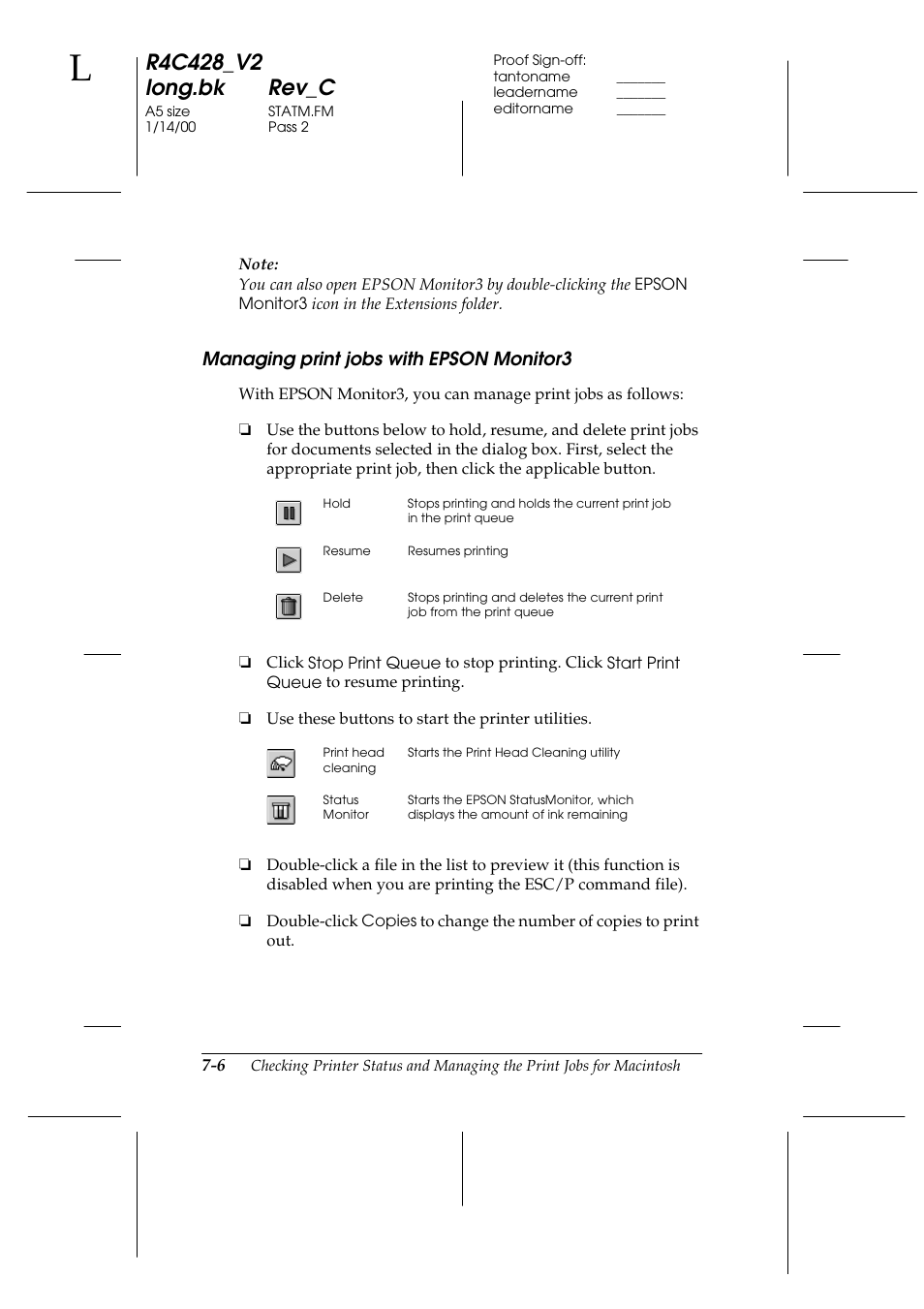 Managing print jobs with epson monitor3, Managing print jobs with epson monitor3 -6 | Epson 2000 User Manual | Page 104 / 231