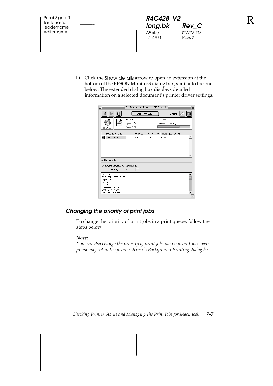 Changing the priority of print jobs, Cleaning the print head -5, Changing the priority of print jobs -7 | Epson 2000 User Manual | Page 105 / 231