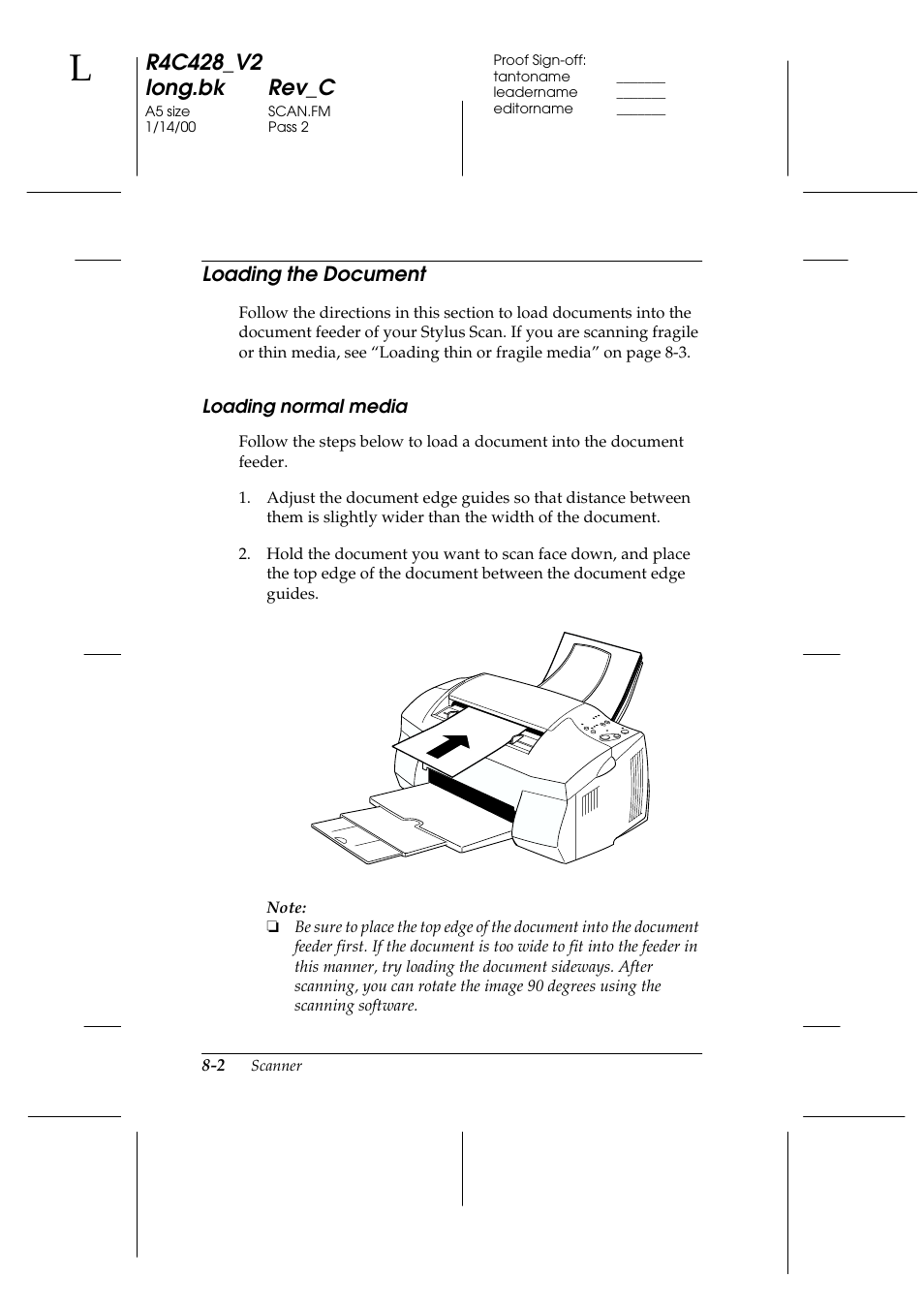 Loading the document, Loading normal media, Loading the document -2 | Loading normal media -2, Loading the document -1 | Epson 2000 User Manual | Page 108 / 231