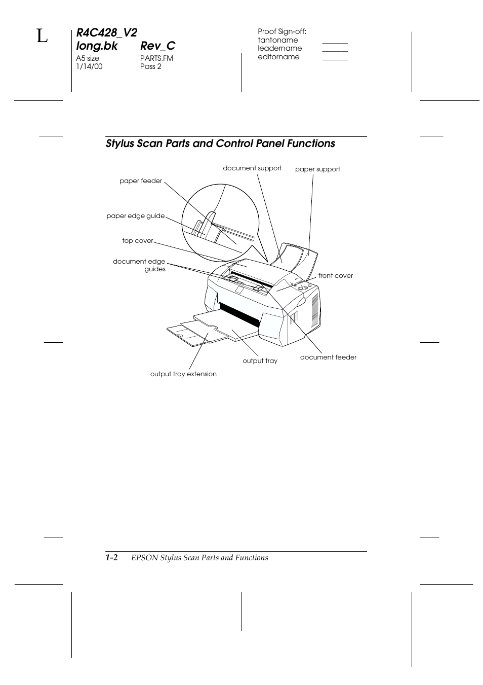Stylus scan parts and control panel functions, Stylus scan parts and control panel functions -2 | Epson 2000 User Manual | Page 12 / 231