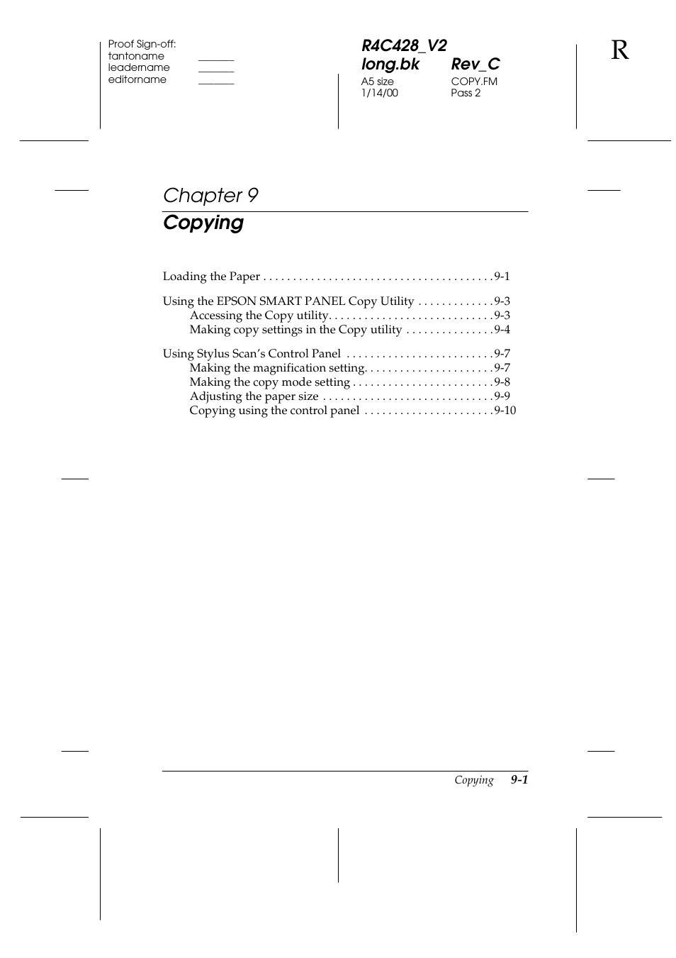 Copying, Chapter 9, Chapter 9 copying | Epson 2000 User Manual | Page 121 / 231