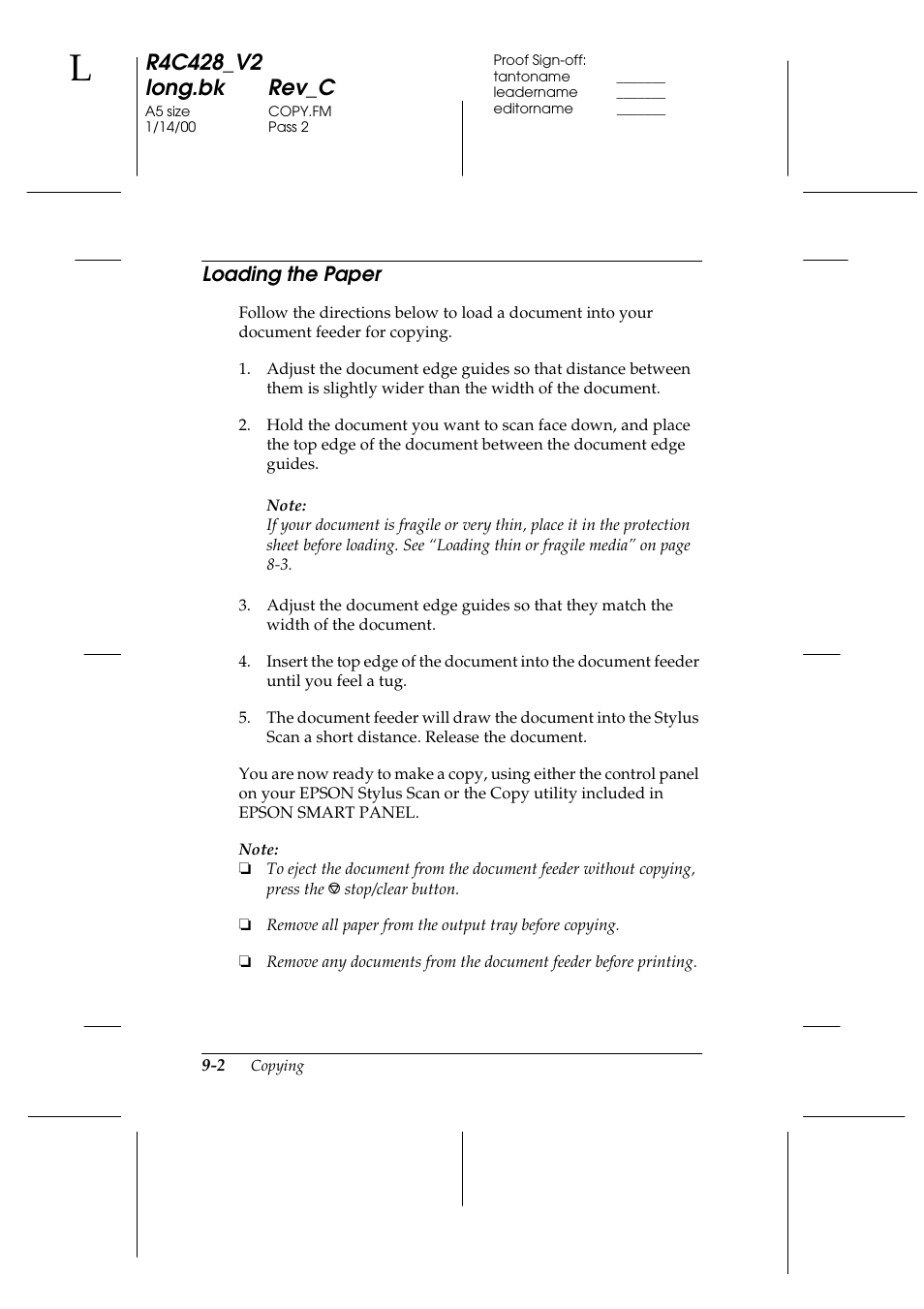 Loading the paper, Loading the paper -2 | Epson 2000 User Manual | Page 122 / 231