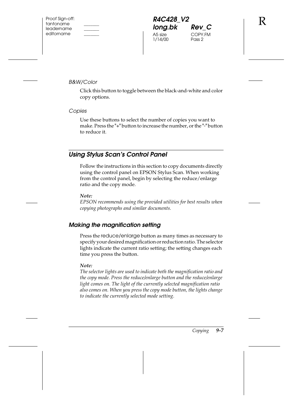 Using stylus scan’s control panel, Making the magnification setting, Using stylus scan’s control panel -7 | Making the magnification setting -7 | Epson 2000 User Manual | Page 127 / 231