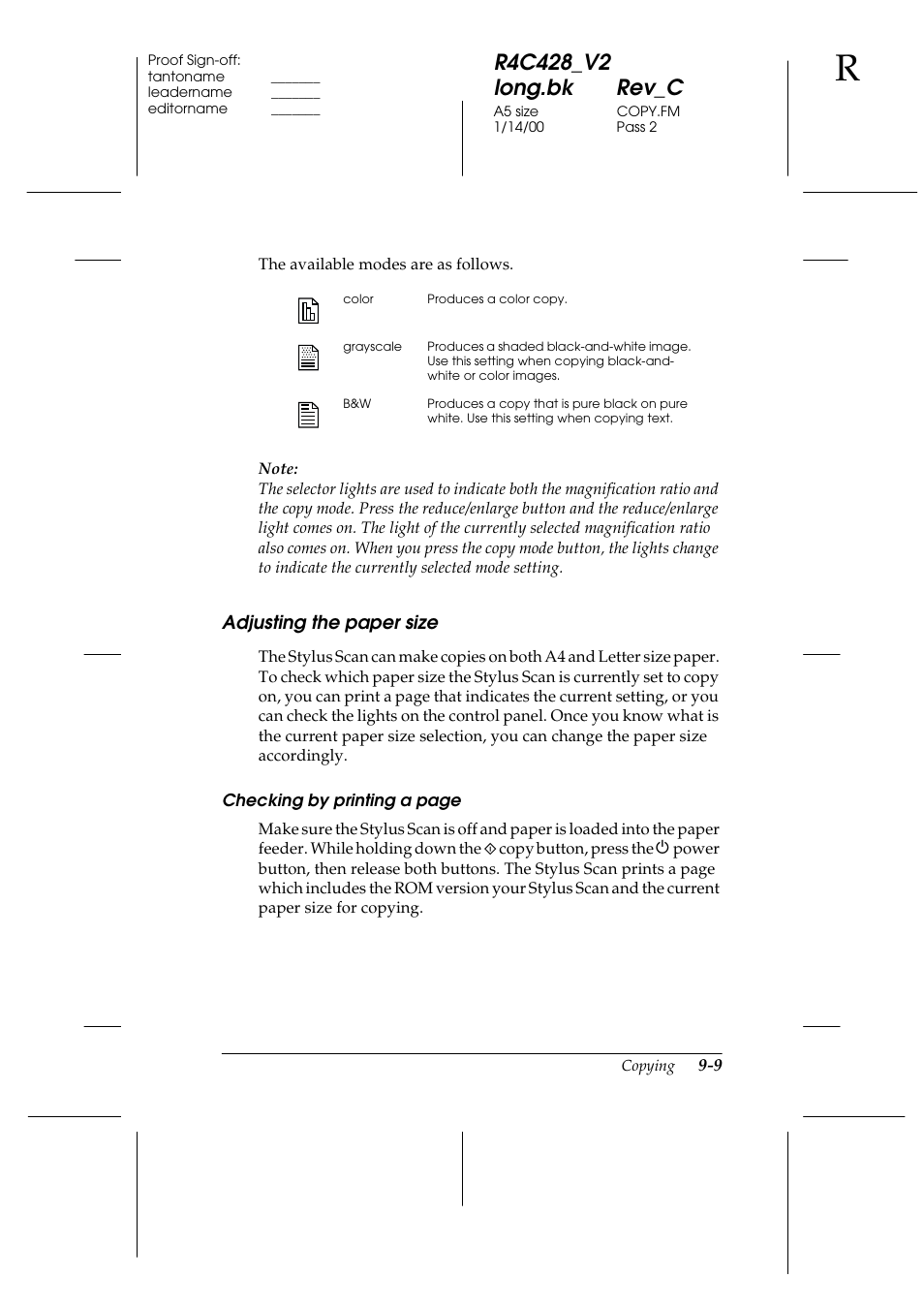 Adjusting the paper size, Adjusting the paper size -9 | Epson 2000 User Manual | Page 129 / 231