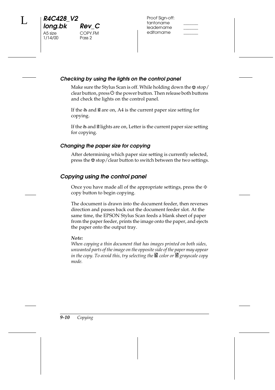 Checking by using the lights on the control panel, Changing the paper size for copying, Copying using the control panel | Copying using the control panel -10 | Epson 2000 User Manual | Page 130 / 231