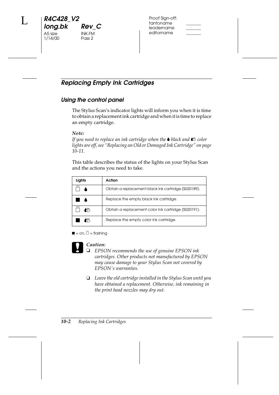 Replacing empty ink cartridges, Using the control panel, Replacing empty ink cartridges -2 | Using the control panel -2 | Epson 2000 User Manual | Page 132 / 231