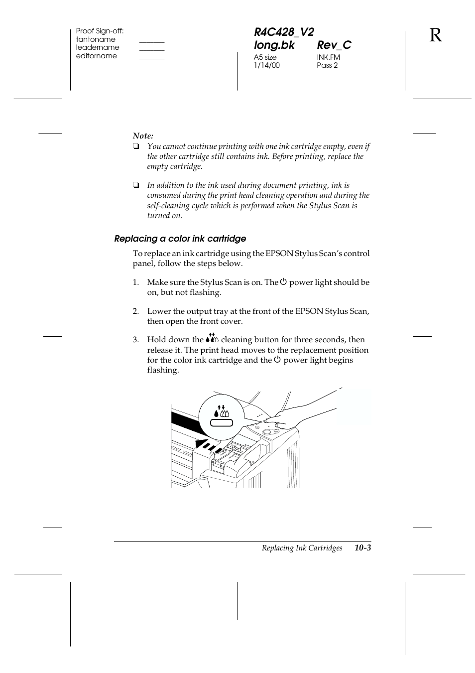 Replacing a color ink cartridge | Epson 2000 User Manual | Page 133 / 231