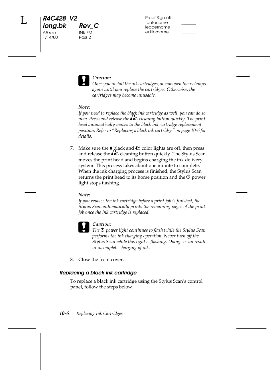 Replacing a black ink cartridge | Epson 2000 User Manual | Page 136 / 231