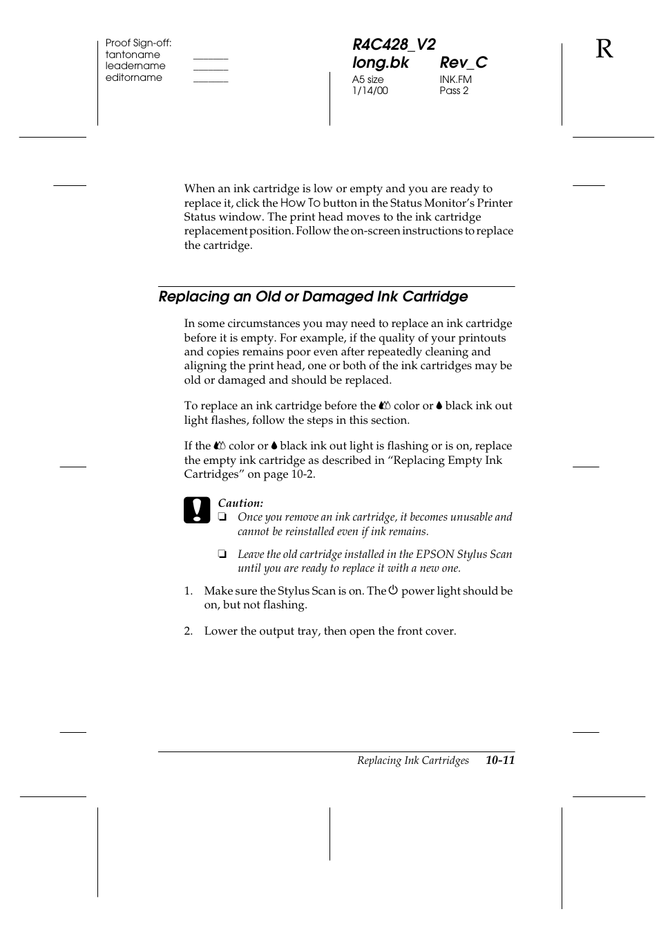 Replacing an old or damaged ink cartridge, Replacing an old or damaged ink cartridge -11 | Epson 2000 User Manual | Page 141 / 231