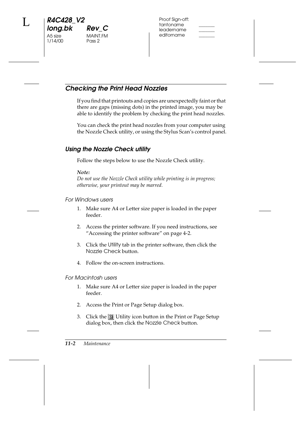 Checking the print head nozzles, Using the nozzle check utility, Checking the print head nozzles -2 | Using the nozzle check utility -2 | Epson 2000 User Manual | Page 148 / 231