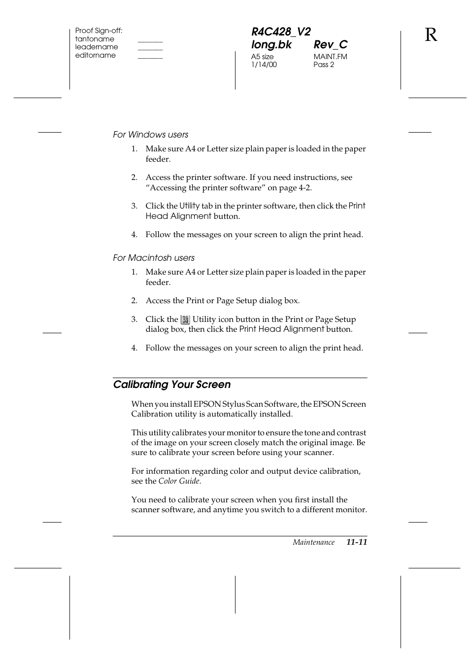 Calibrating your screen, Calibrating your screen -11 | Epson 2000 User Manual | Page 157 / 231