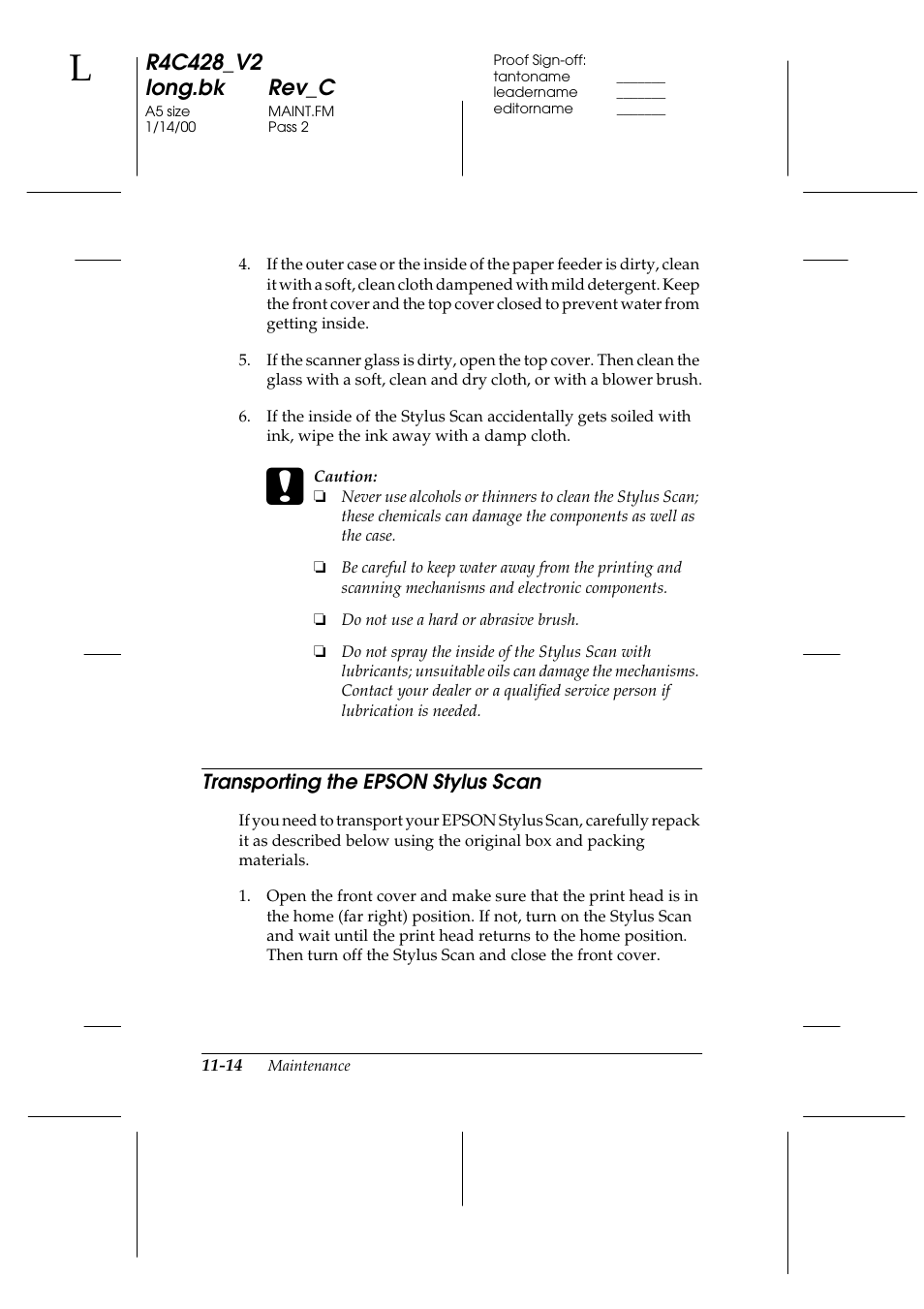 Transporting the epson stylus scan, Transporting the epson stylus scan -14 | Epson 2000 User Manual | Page 160 / 231