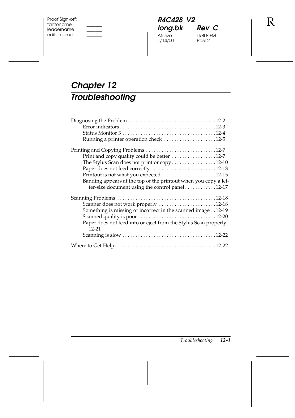 Troubleshooting, Chapter 12, Chapter 12 troubleshooting | Epson 2000 User Manual | Page 163 / 231