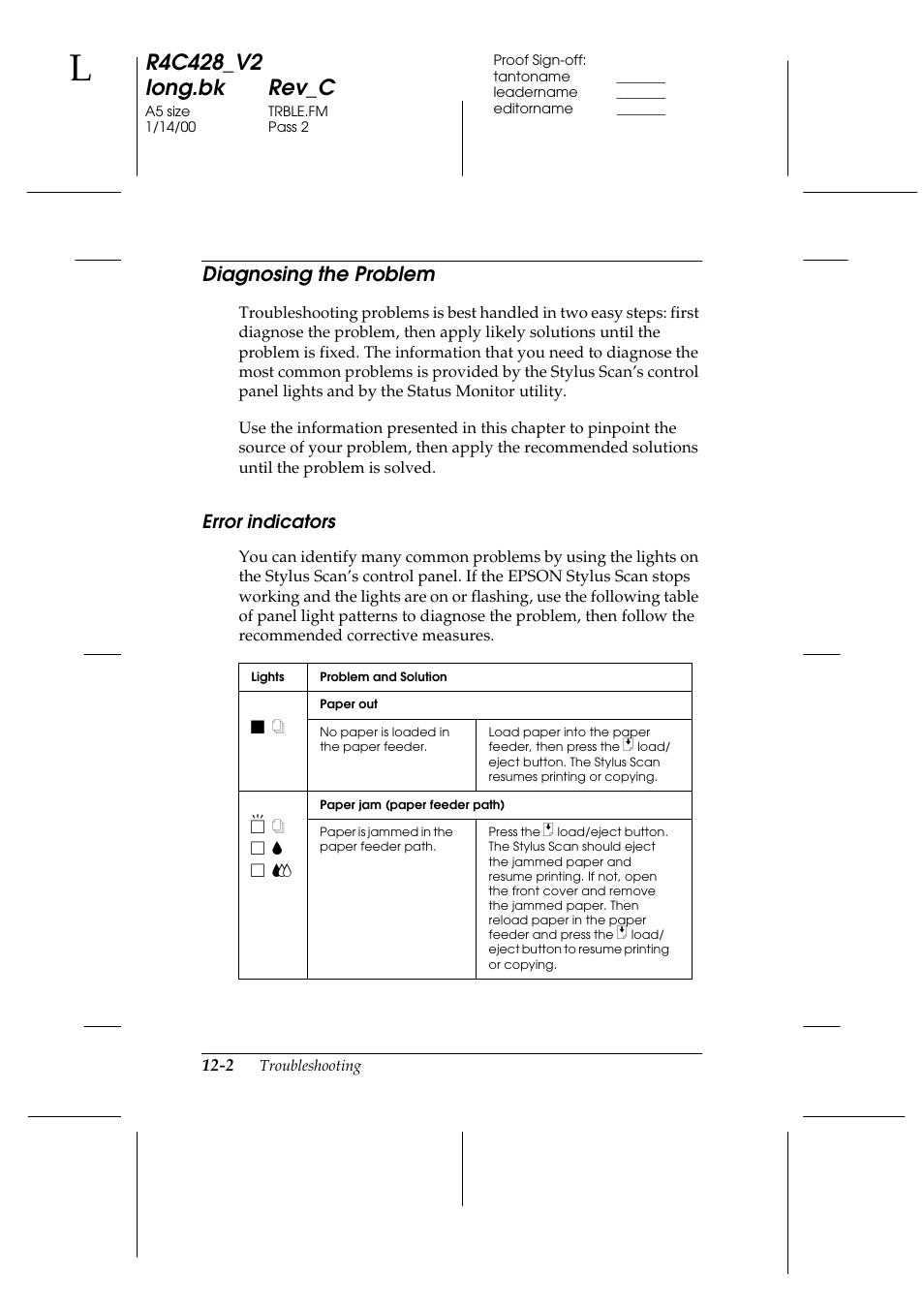 Diagnosing the problem, Error indicators, Diagnosing the problem -2 | Error indicators -2 | Epson 2000 User Manual | Page 164 / 231