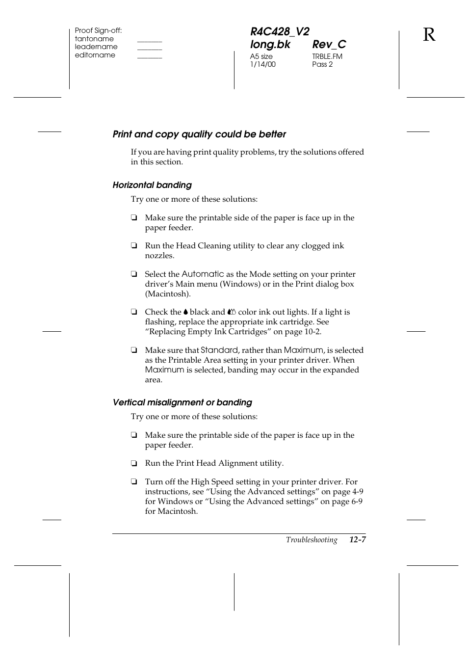 Print and copy quality could be better, Horizontal banding, Vertical misalignment or banding | Print and copy quality could be better -7 | Epson 2000 User Manual | Page 169 / 231