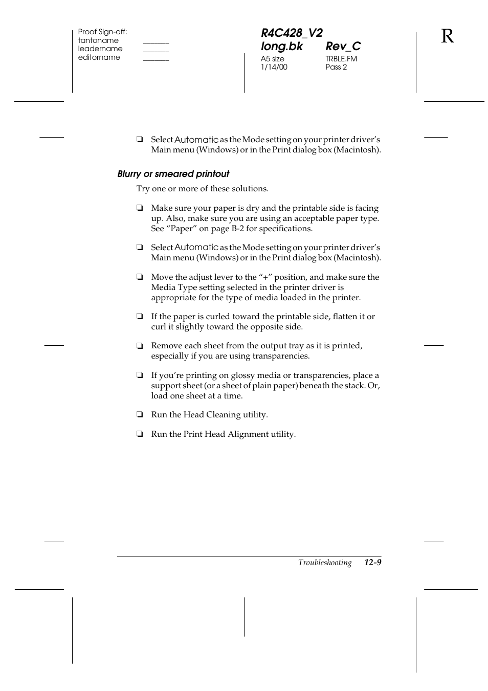 Blurry or smeared printout | Epson 2000 User Manual | Page 171 / 231