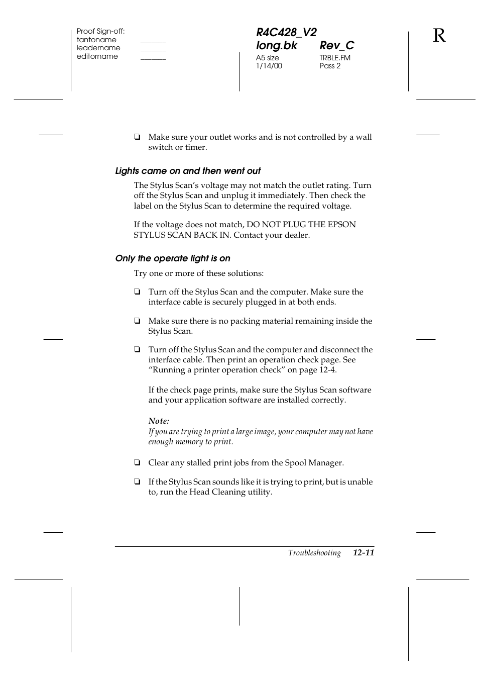 Lights came on and then went out, Only the operate light is on | Epson 2000 User Manual | Page 173 / 231