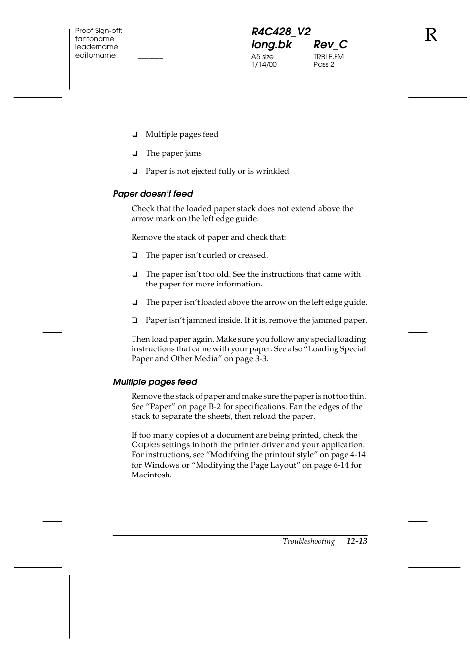 Paper doesn’t feed | Epson 2000 User Manual | Page 175 / 231