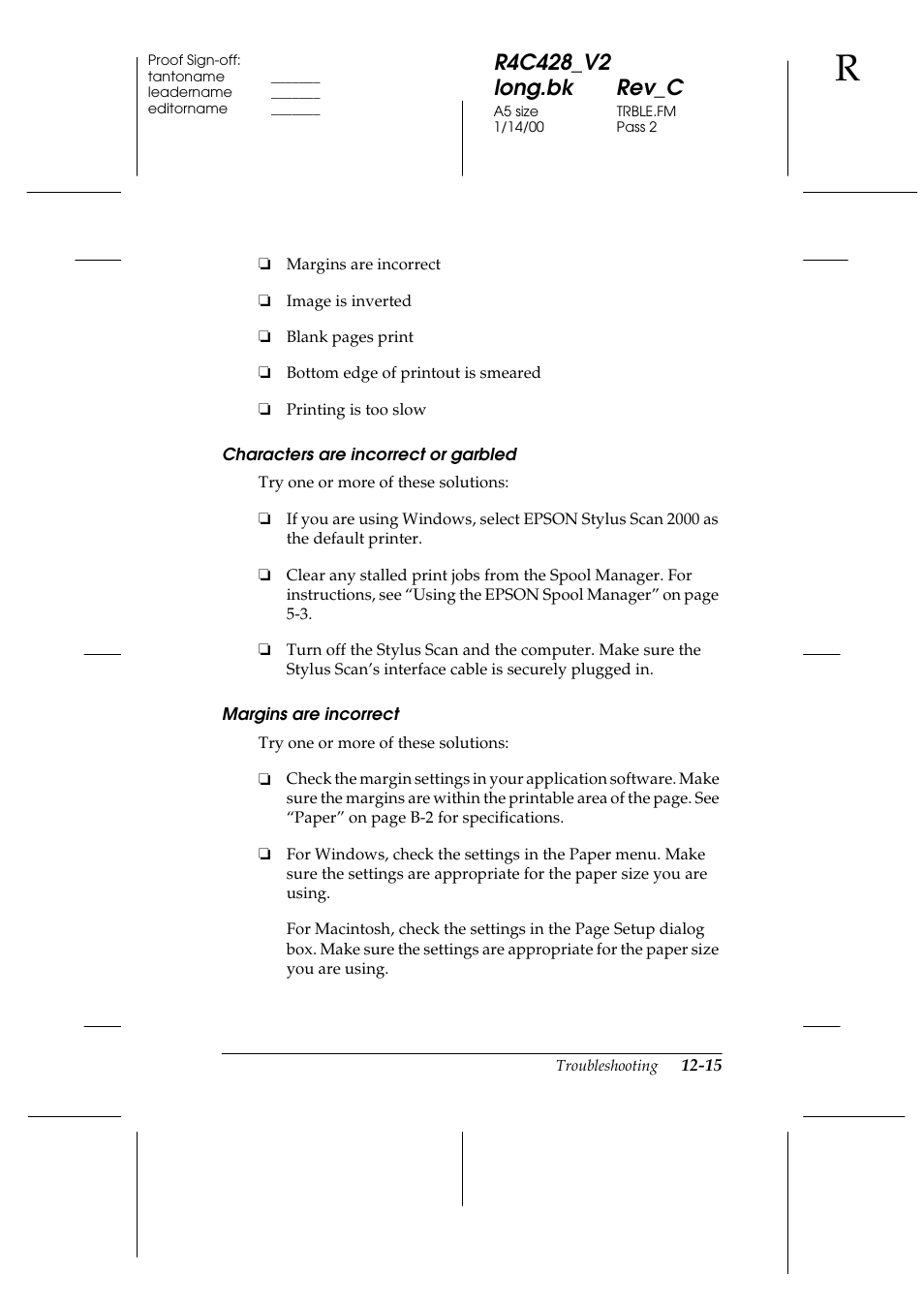 Characters are incorrect or garbled, Margins are incorrect | Epson 2000 User Manual | Page 177 / 231
