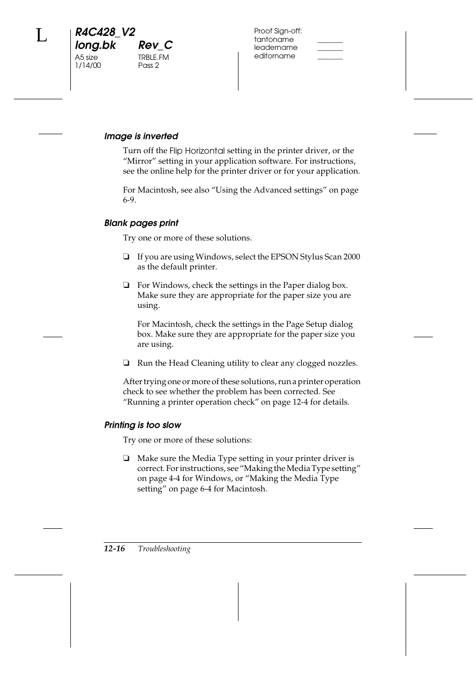 Image is inverted, Printing is too slow | Epson 2000 User Manual | Page 178 / 231