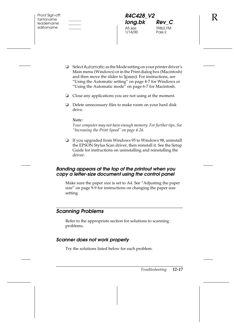 Scanning problems, Scanner does not work properly, Ter-size document using the control panel -17 | Scanning problems -17, Scanner does not work properly -17 | Epson 2000 User Manual | Page 179 / 231