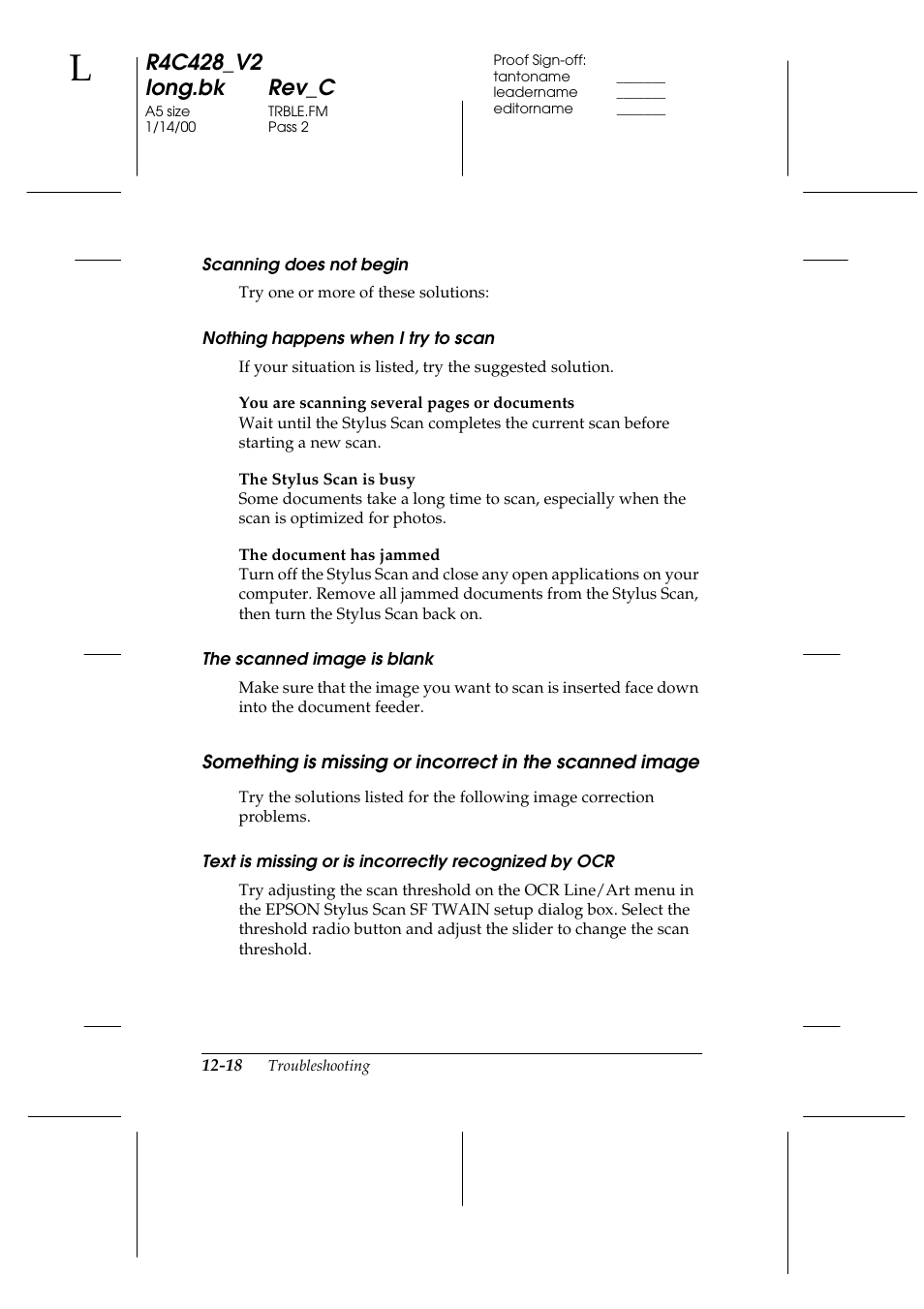 Scanning does not begin, Nothing happens when i try to scan, The scanned image is blank | Epson 2000 User Manual | Page 180 / 231