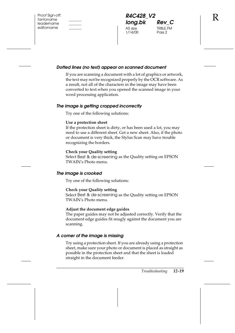 Dotted lines (no text) appear on scanned document, The image is getting cropped incorrectly, The image is crooked | A corner of the image is missing | Epson 2000 User Manual | Page 181 / 231