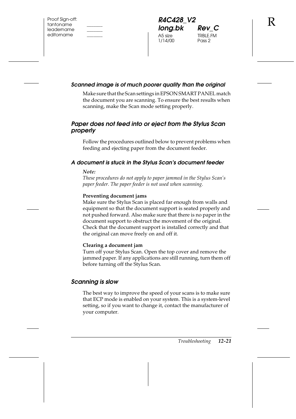 Scanning is slow, Scanning is slow -21 | Epson 2000 User Manual | Page 183 / 231