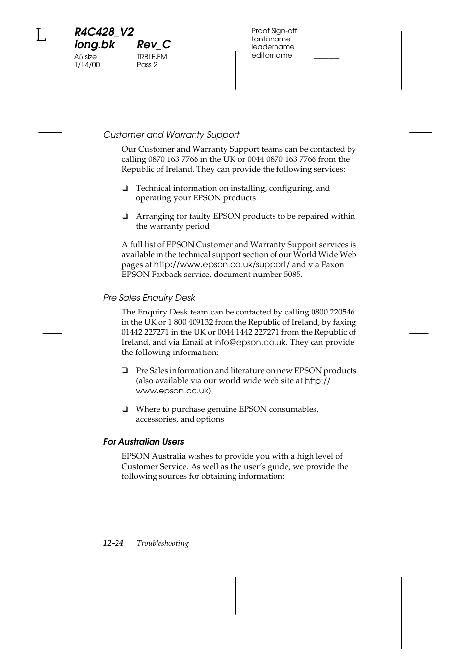 For australian users | Epson 2000 User Manual | Page 186 / 231