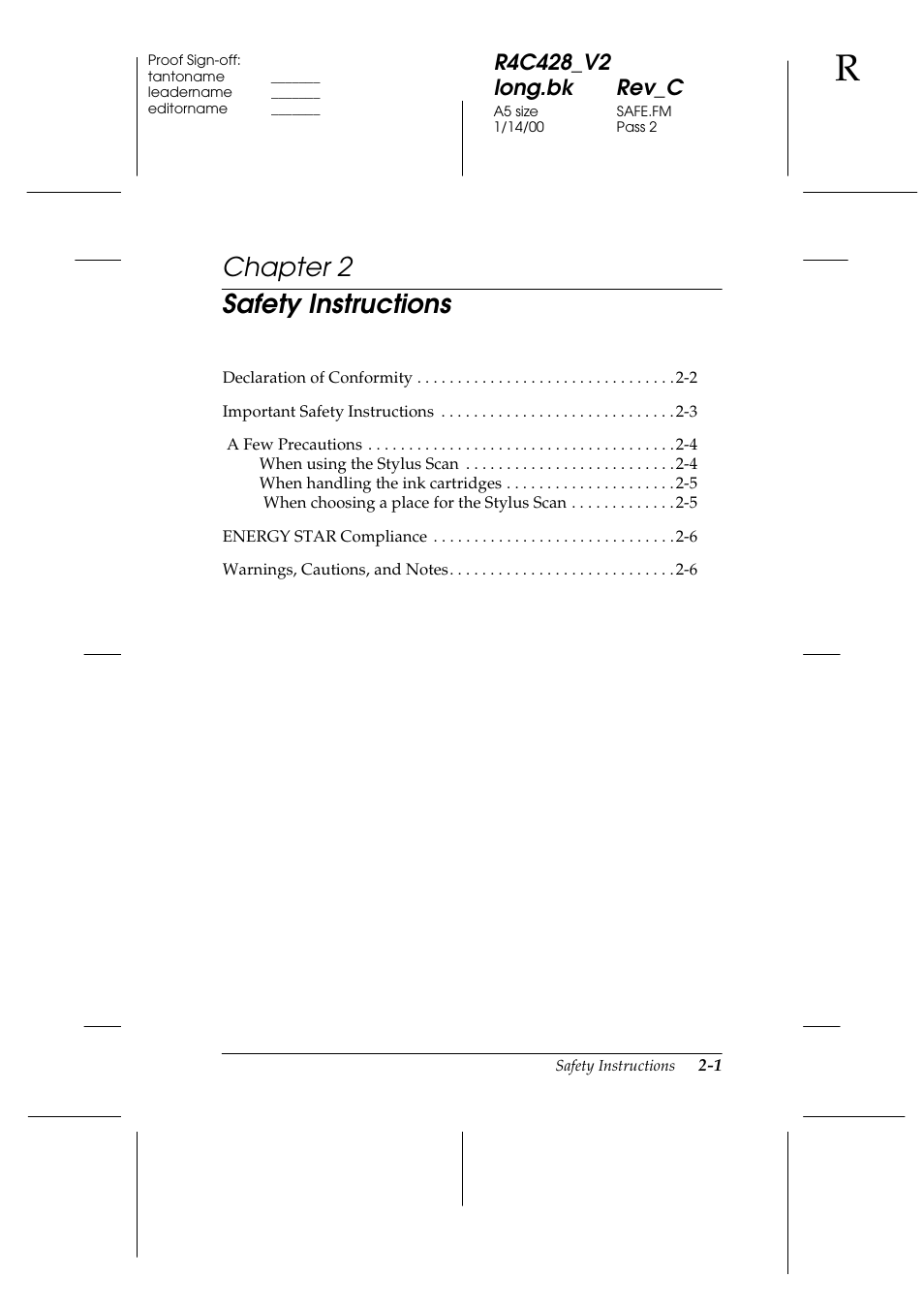 Safety instructions, Chapter 2, Chapter 2 safety instructions | Epson 2000 User Manual | Page 19 / 231