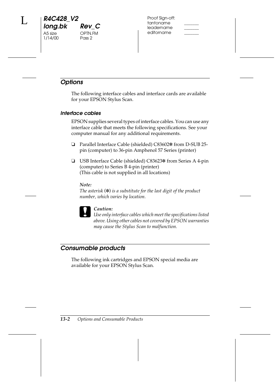 Options, Interface cables, Consumable products | Options -2 consumable products -2 | Epson 2000 User Manual | Page 192 / 231