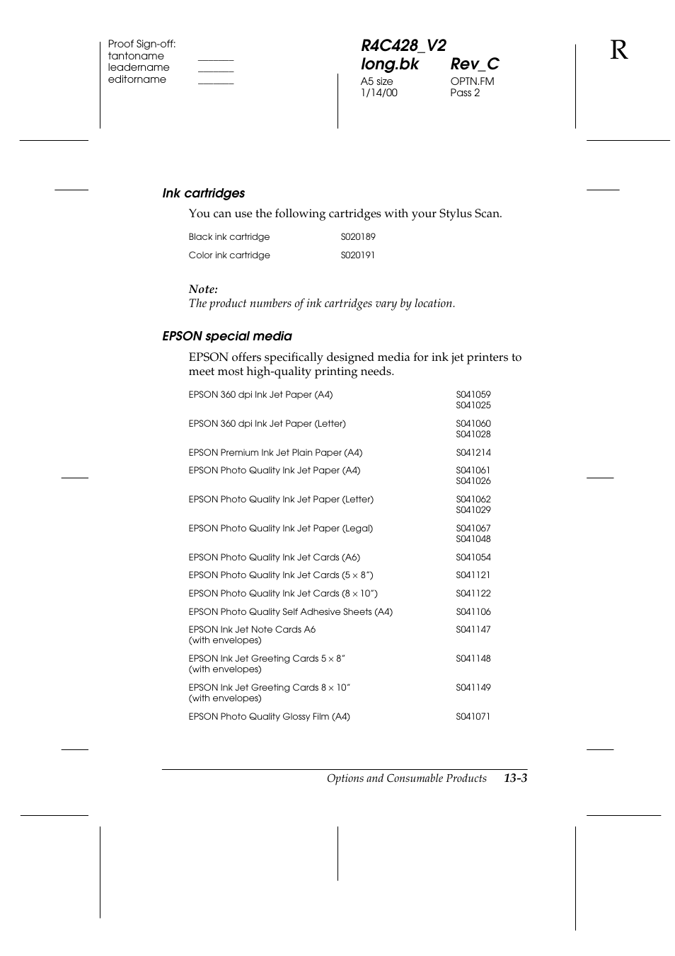 Ink cartridges, Epson special media | Epson 2000 User Manual | Page 193 / 231