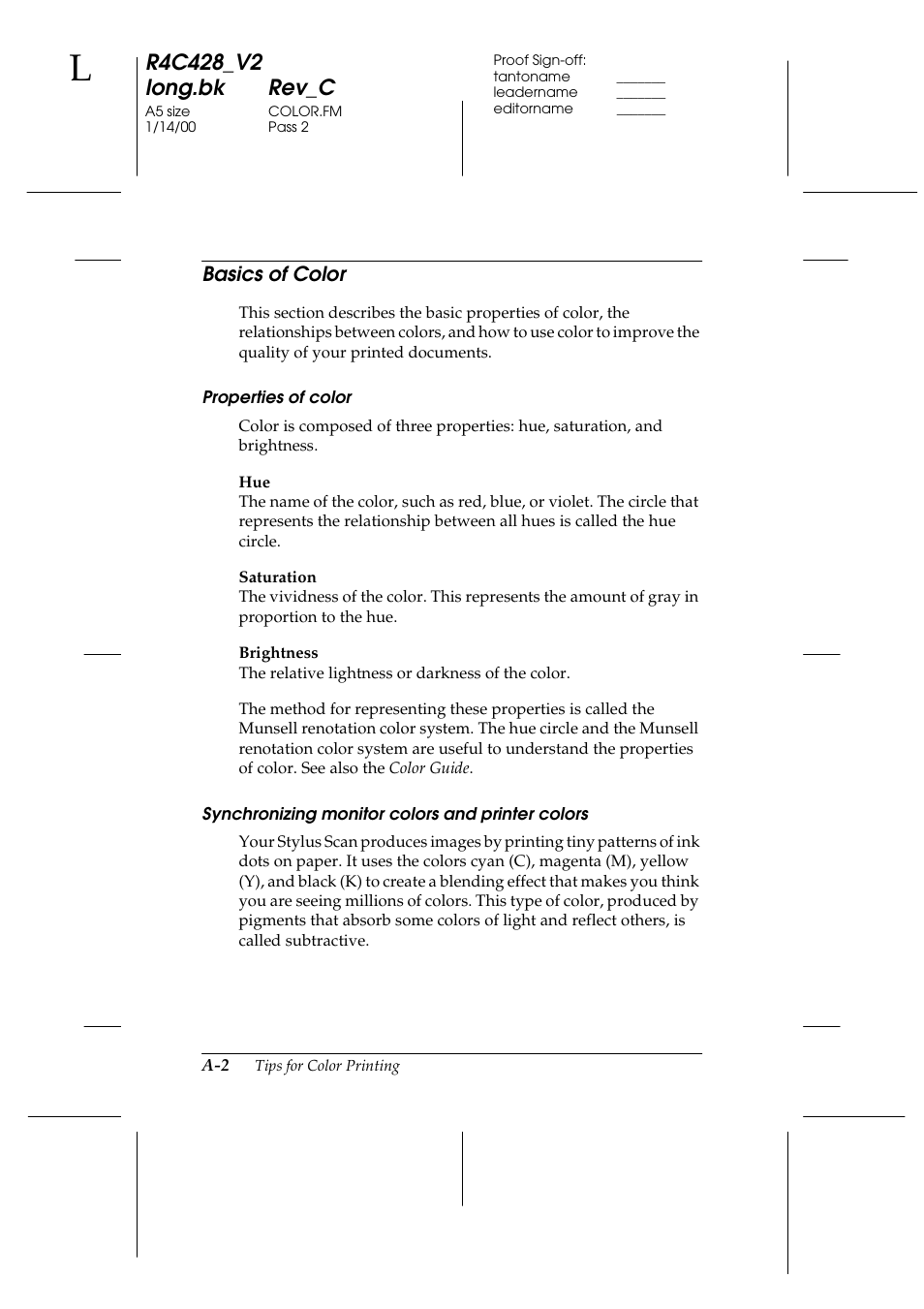 Basics of color, Properties of color, Synchronizing monitor colors and printer colors | Epson 2000 User Manual | Page 196 / 231