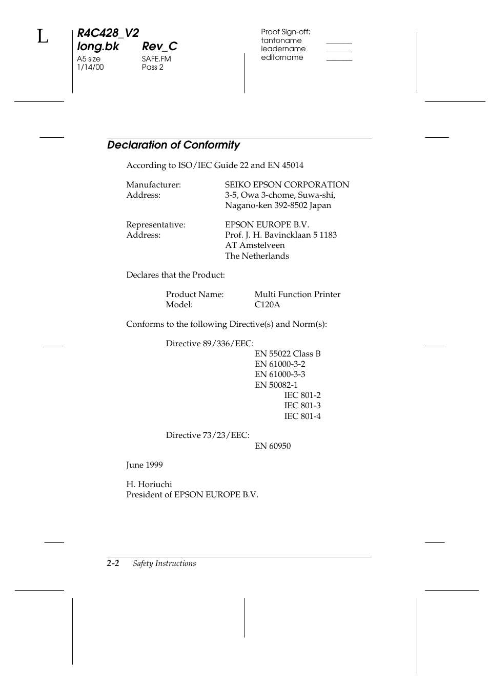Declaration of conformity, Declaration of conformity -2 | Epson 2000 User Manual | Page 20 / 231