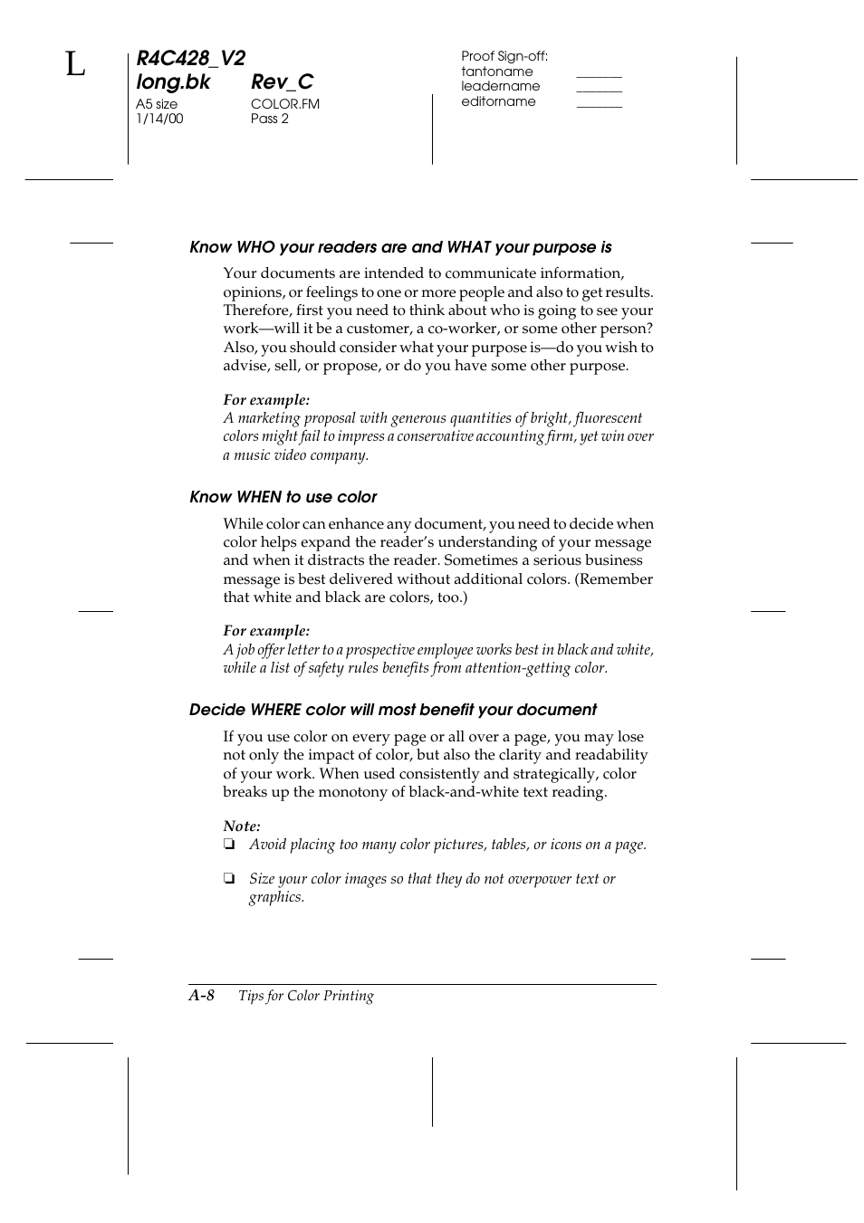 Know who your readers are and what your purpose is, Know when to use color, Decide where color will most benefit your document | Epson 2000 User Manual | Page 202 / 231