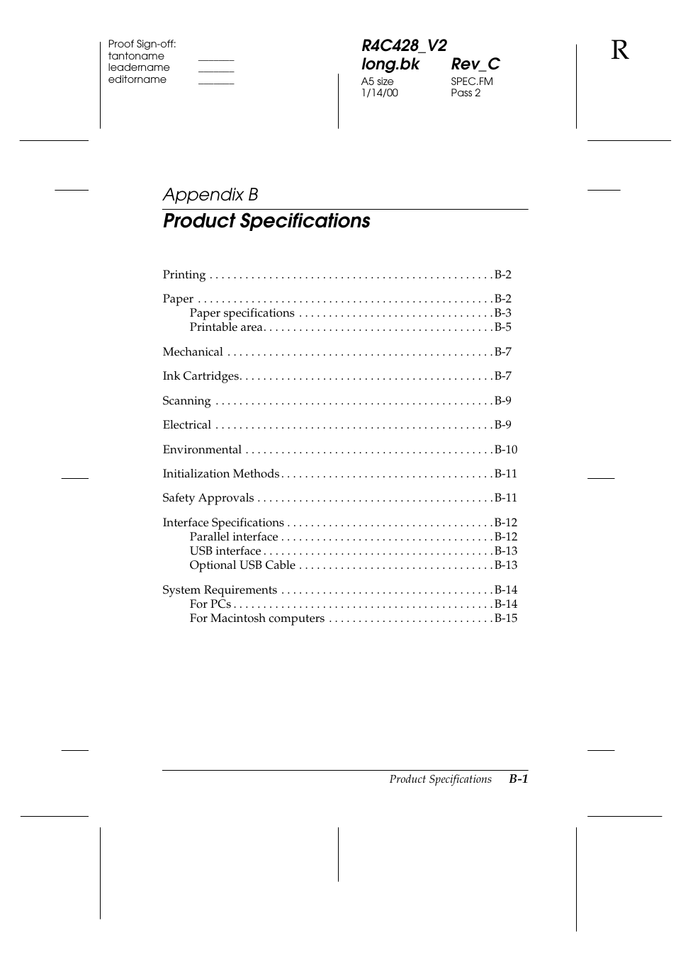 B. product specifications, Appendix b, Product specifications | Epson 2000 User Manual | Page 205 / 231