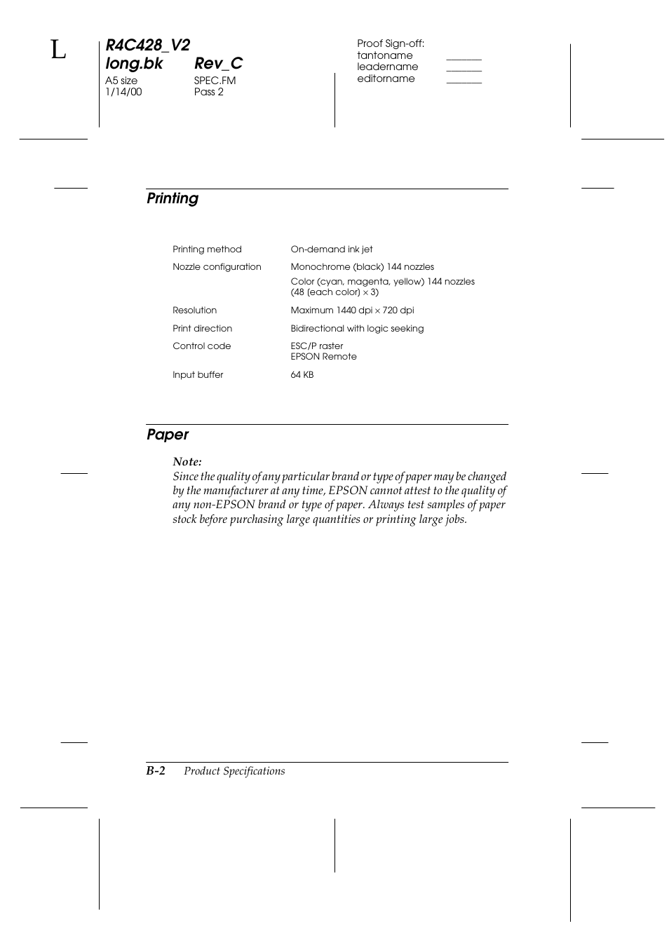 Printing, Paper, Printing paper | Epson 2000 User Manual | Page 206 / 231