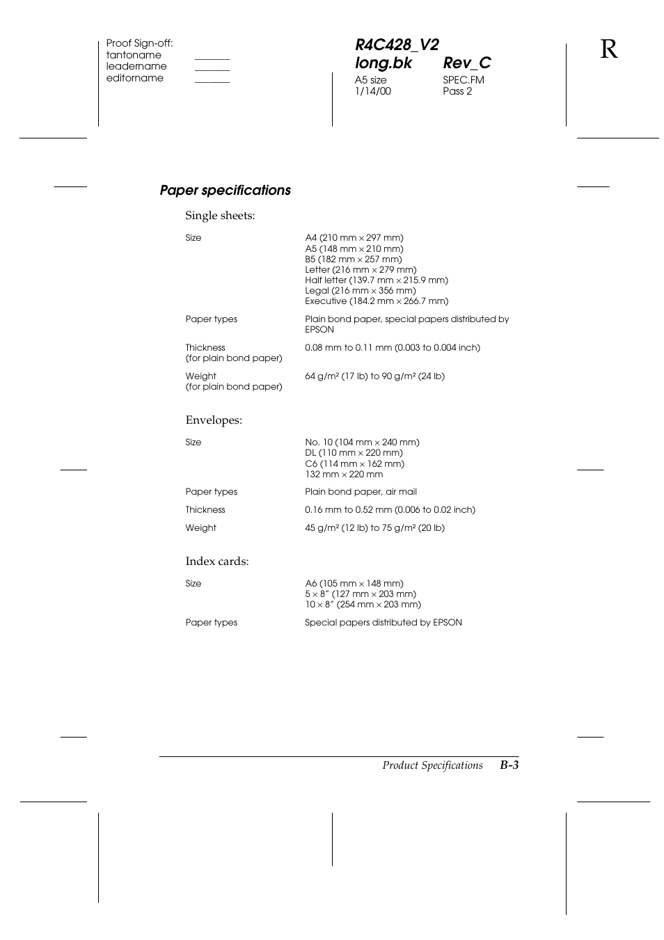 Paper specifications | Epson 2000 User Manual | Page 207 / 231