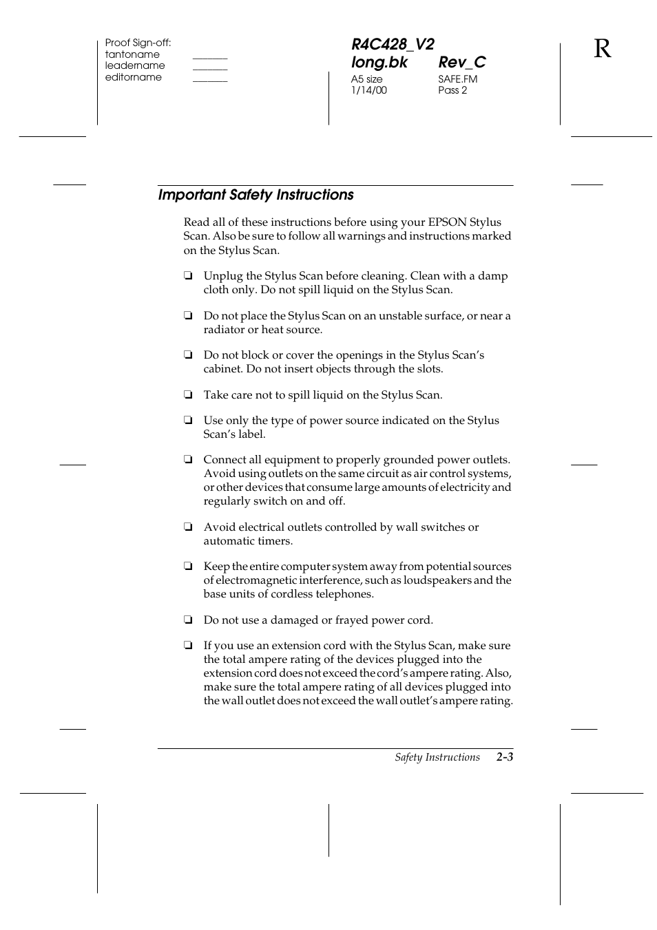 Important safety instructions, Important safety instructions -3 | Epson 2000 User Manual | Page 21 / 231