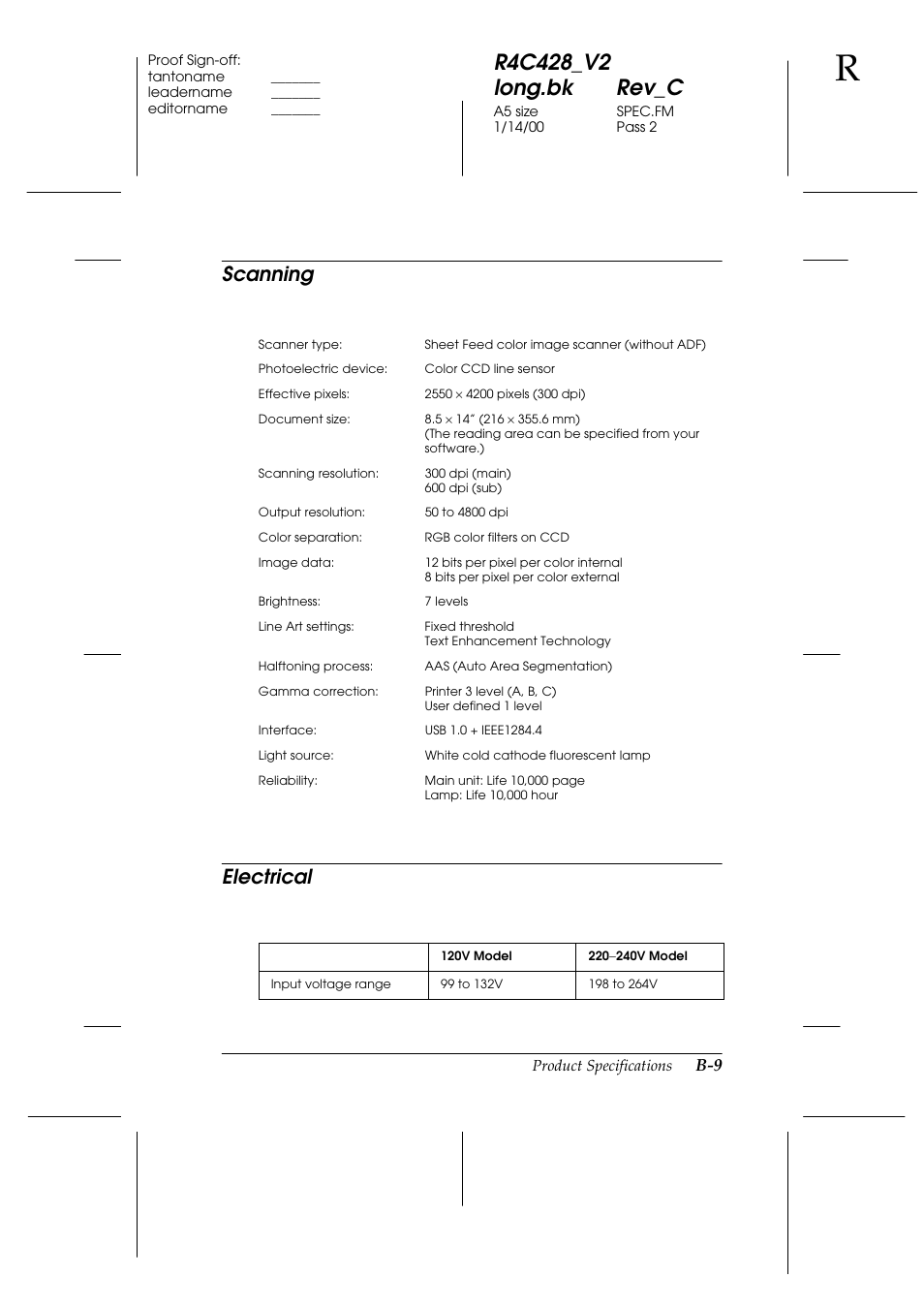 Scanning, Electrical, Scanning electrical | Epson 2000 User Manual | Page 213 / 231