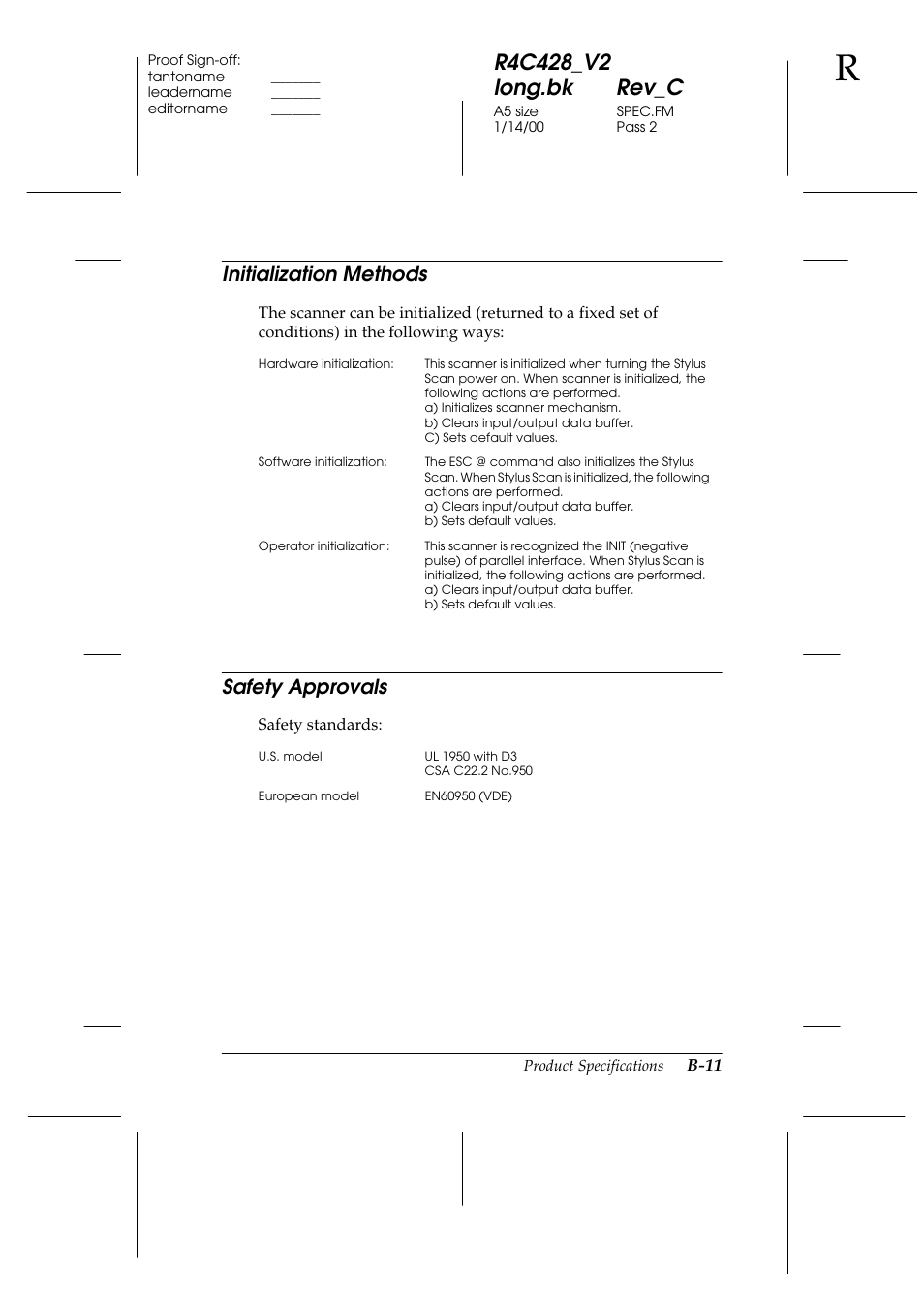 Initialization methods, Safety approvals | Epson 2000 User Manual | Page 215 / 231