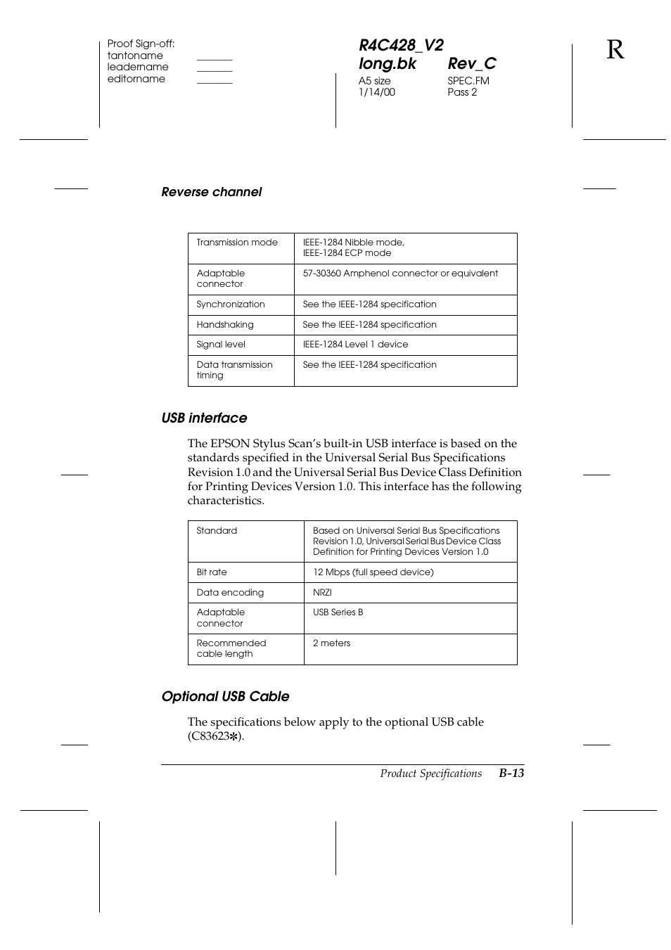 Reverse channel, Usb interface, Optional usb cable | Epson 2000 User Manual | Page 217 / 231