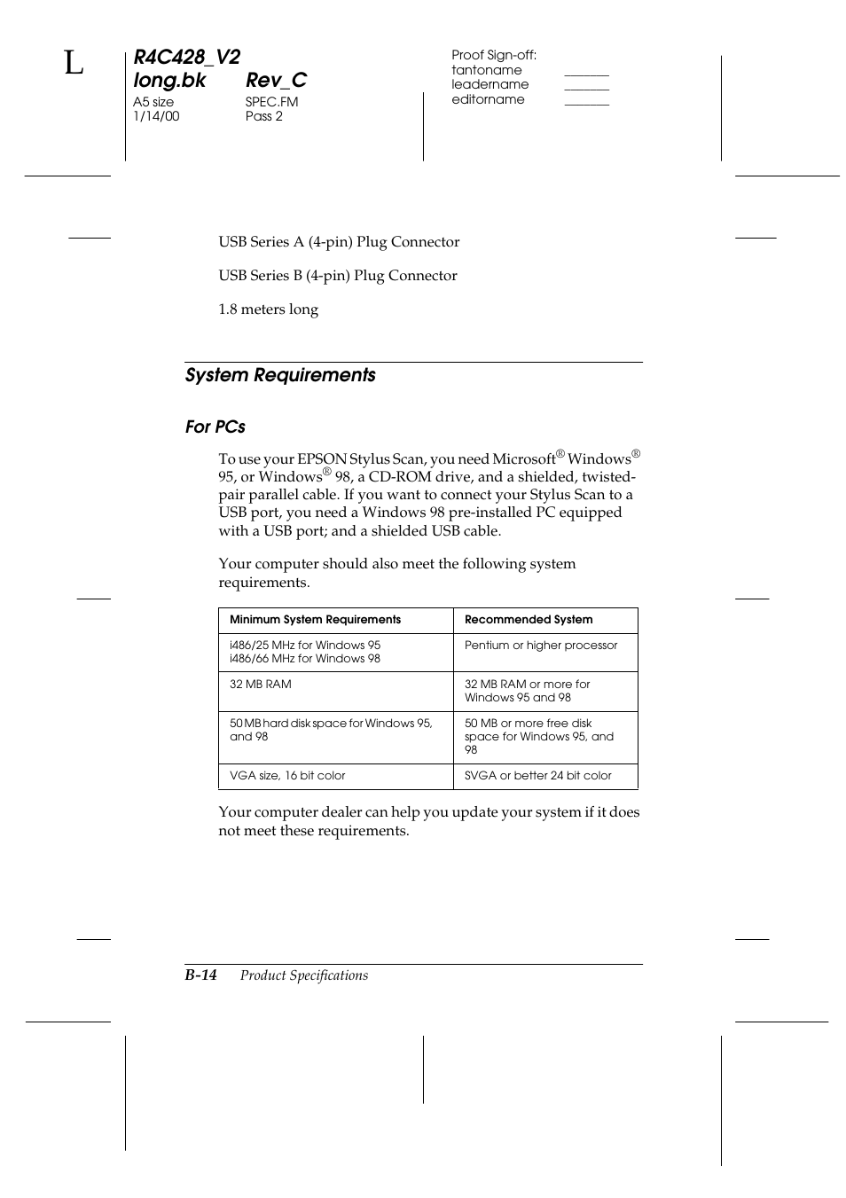 System requirements, For pcs | Epson 2000 User Manual | Page 218 / 231