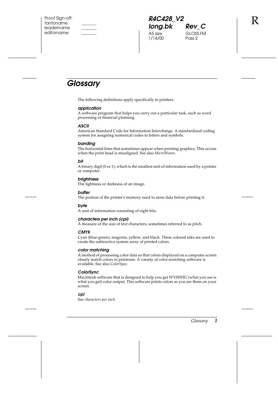 Glossary | Epson 2000 User Manual | Page 221 / 231